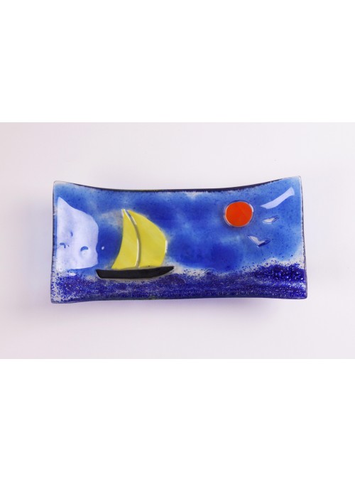 Handmade rectangular glass tray decorated by a seascape - Vela 1