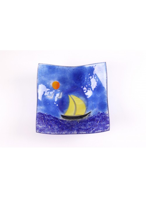 Handmade sqared glass tray decorated with a seascape - Vela 3 Large