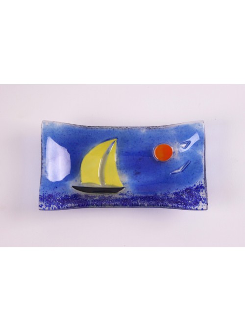 Handmade rectangular glass tray decorated by a seascape - Vela 4 little