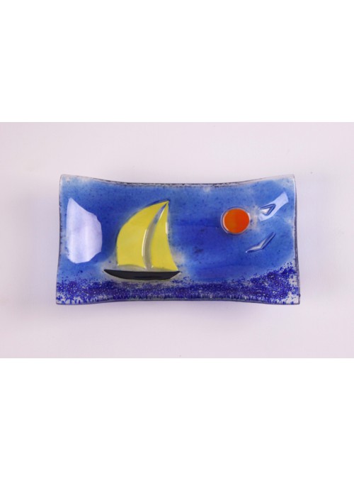 Handmade rectangular glass tray decorated with a seascape - Vela 4