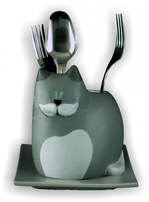 Hand-painted ceramic cat cutlery drainer
