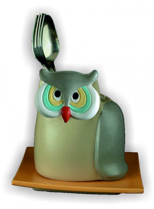 Hand-painted ceramic owl cutlery drainer