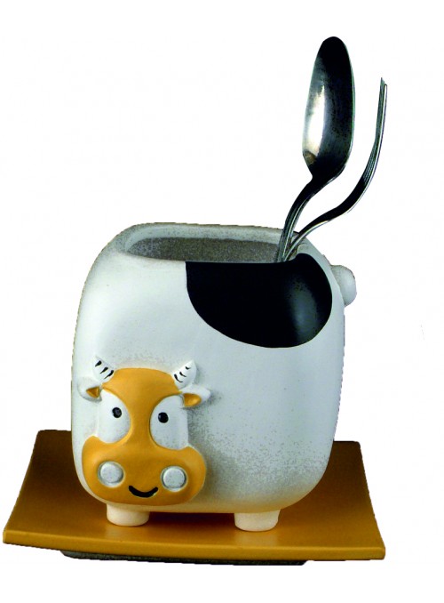 Hand-painted ceramic cow cutlery drainer