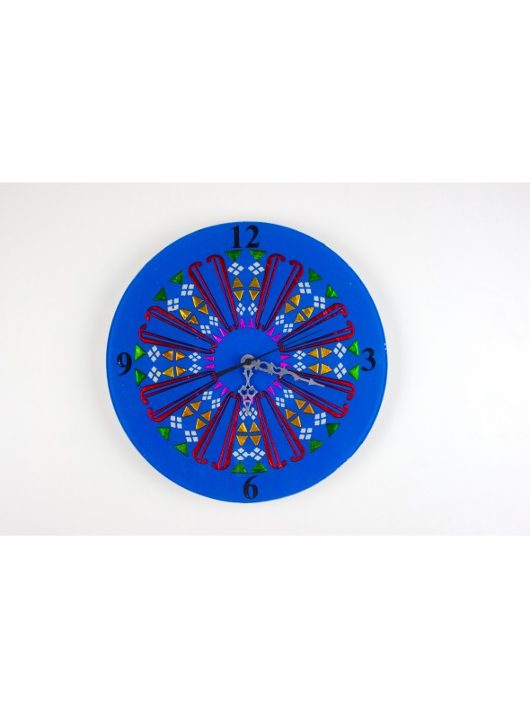 Blue rounded glass clock - Mandala