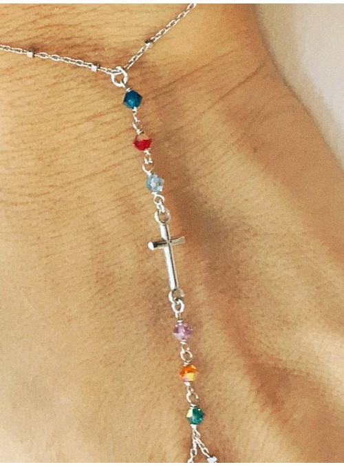 Ring chain bracelet with colorful crystals and cross